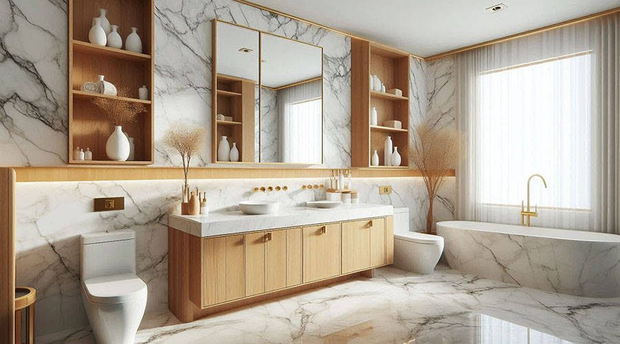 Marble bathroom design with gold accents, double sink, and large bathtub