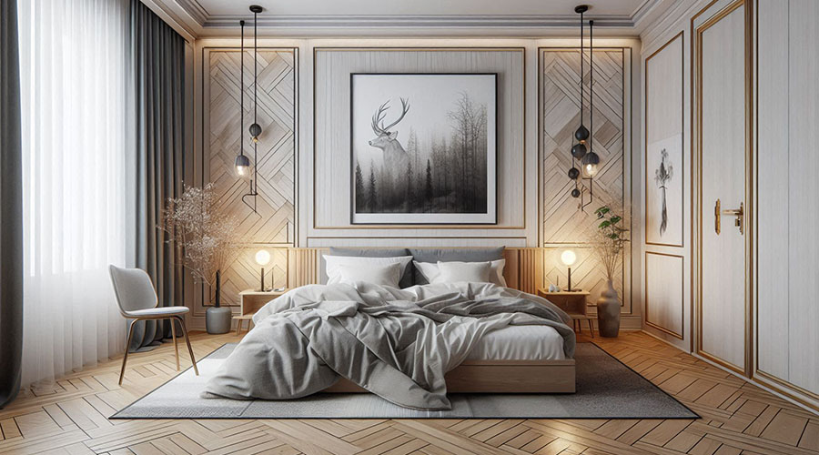 an artwork hanging above a bed in a bedroom