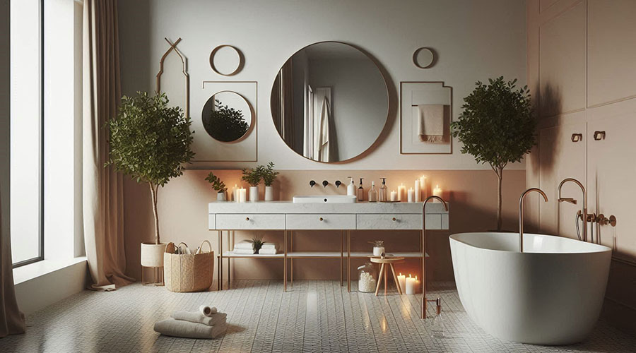 Luxurious spa-like bathroom designed with gold fixtures and candles.