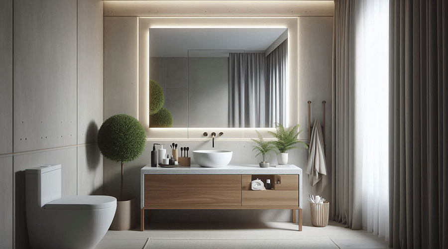 Modern bathroom with a freestanding bathtub, large mirror with lights, and wooden vanity