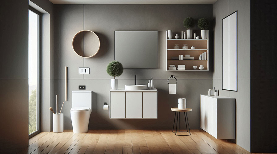 Sleek bathroom design featuring a large mirror, floating vanity, and potted plants