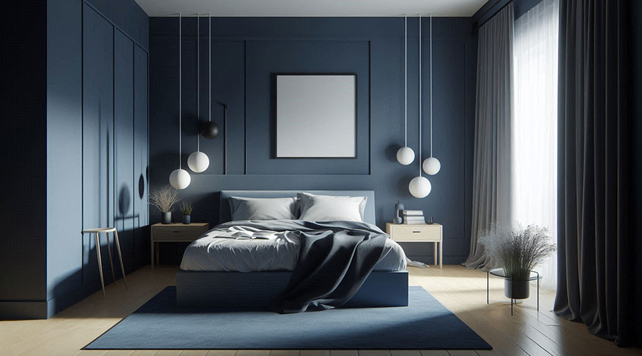 Deep blue bedroom with a king-sized bed and hanging pendant lights.
