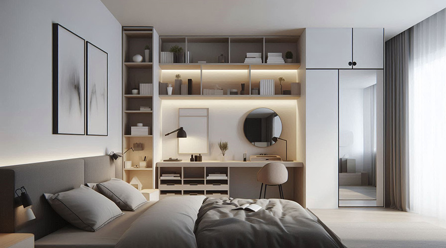 Minimalist bedroom design with floating furniture and a calming neutral color palette.