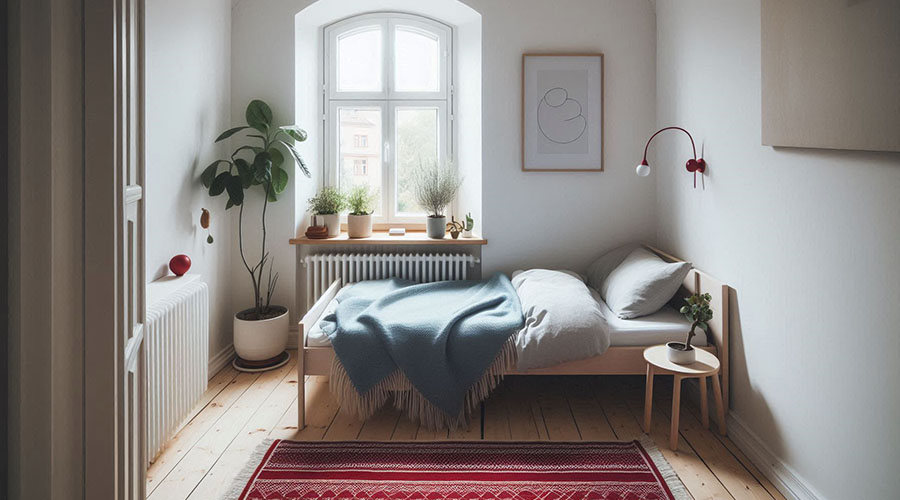 A cozy bedroom with a wooden bed, a blue blanket, and a patterned rug on the floor