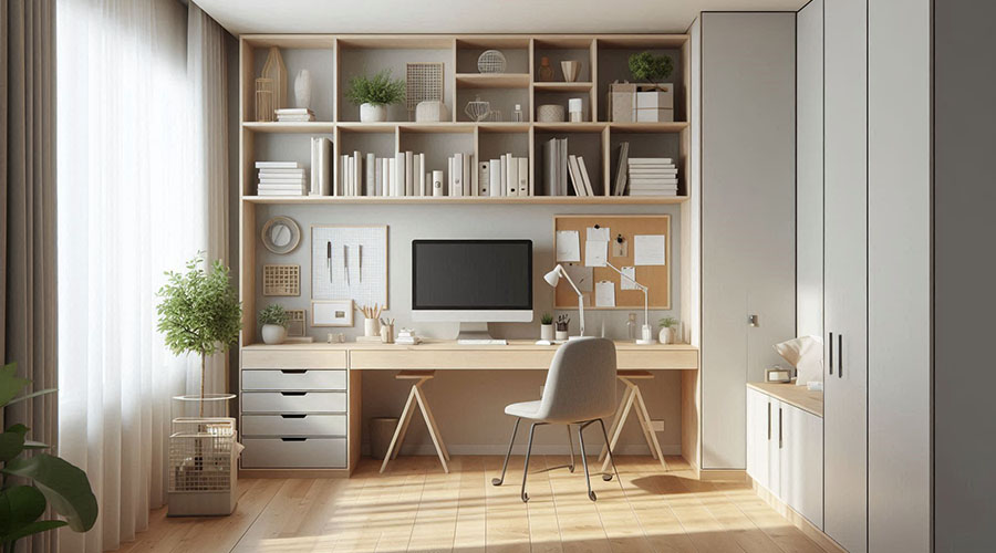 Minimalist home office with wooden desk and built-in storage