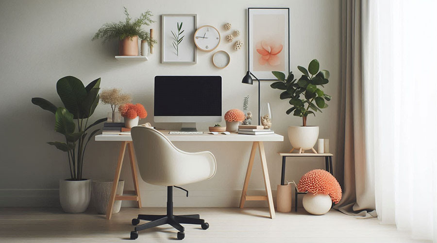 Minimalist home office desk setup with plants