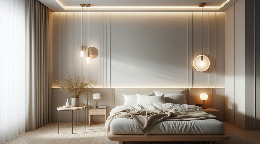 Minimalist bedroom featuring elegant wall-mounted and ceiling lights