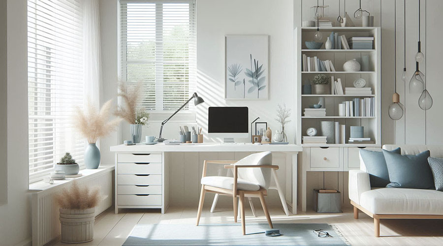 Modern home office workstation with natural light, ergonomic chair, and storage solutions.