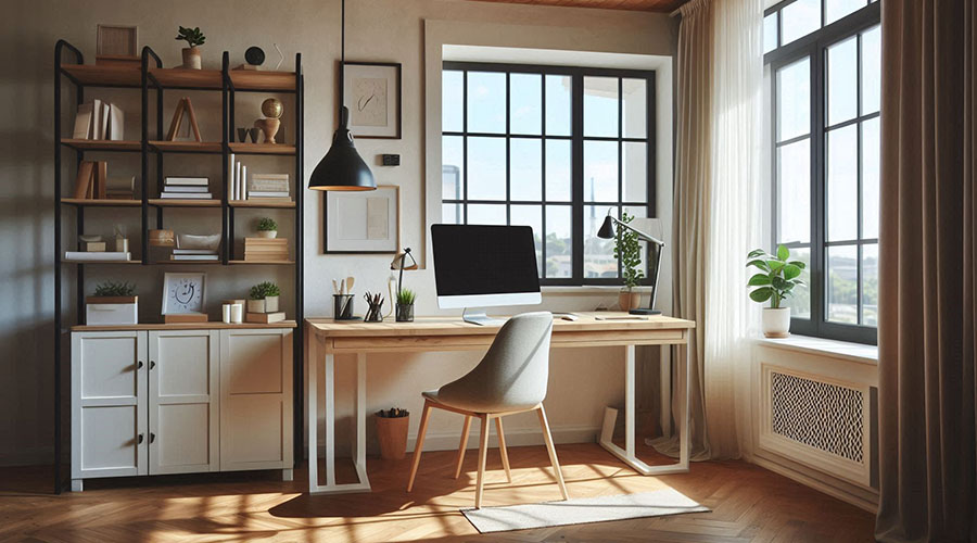 Bright home office with natural light and minimalist decor