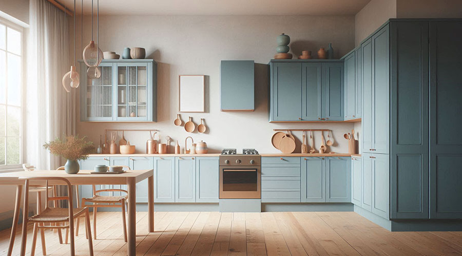 Light blue kitchen cabinets with wooden countertops and a matching dining table