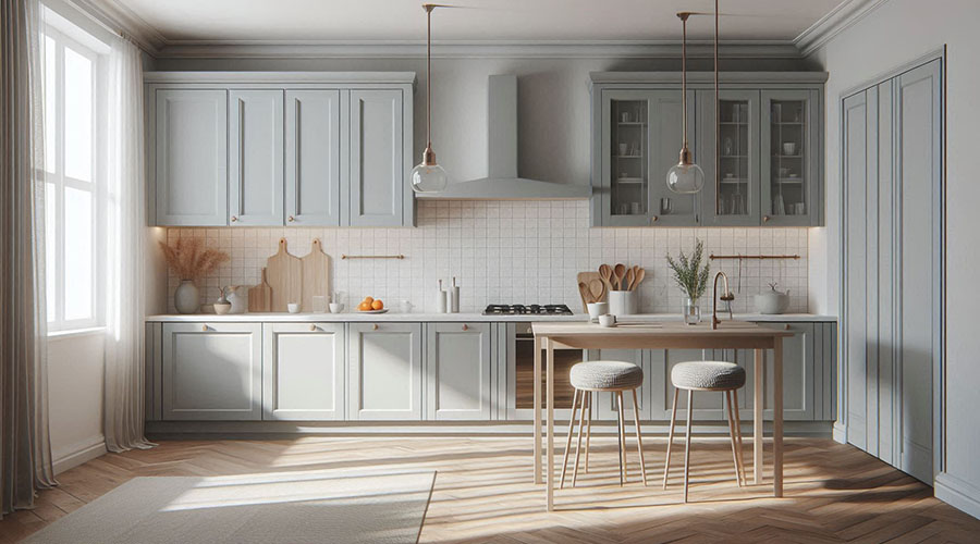 Modern kitchen with gray cabinets and a breakfast bar