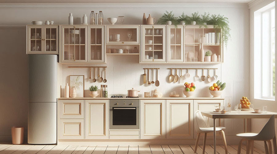 beige kitchen cabinets with glass doors and matching countertops.