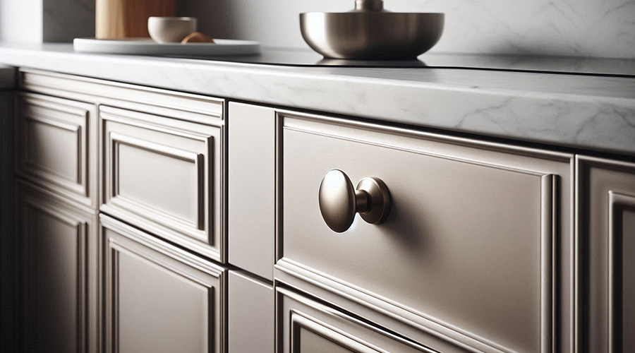 A beige kitchen cabinet with a round, brushed bronze knob