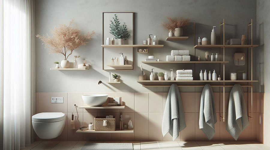 Modern bathroom with wooden shelves, plants, and towels