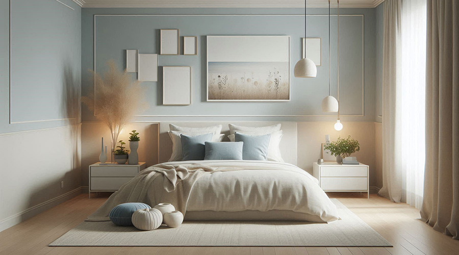 Serene bedroom with light blue walls, a gallery wall, and neutral decor.  