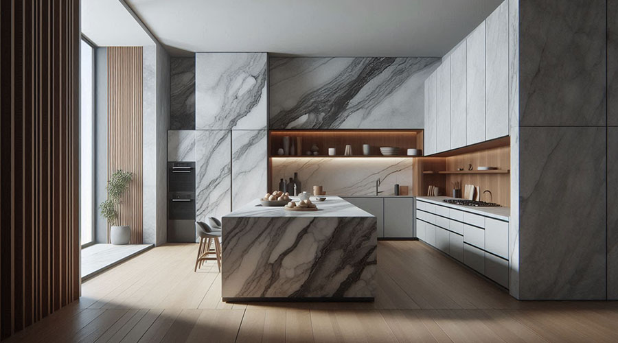 Minimalist kitchen with striking marble countertops and backsplash