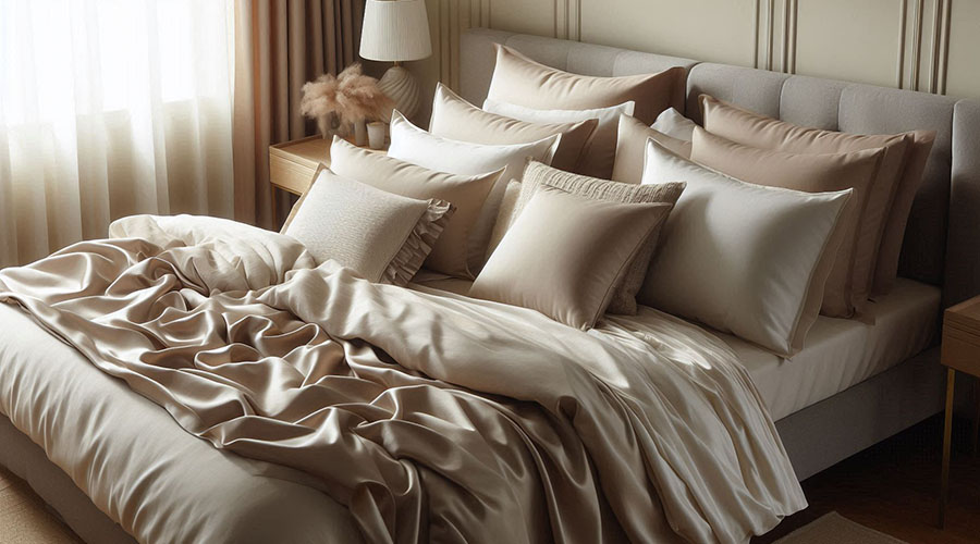 satin bed sheets in a champagne hue, creating a serene and elegant bedroom atmosphere.