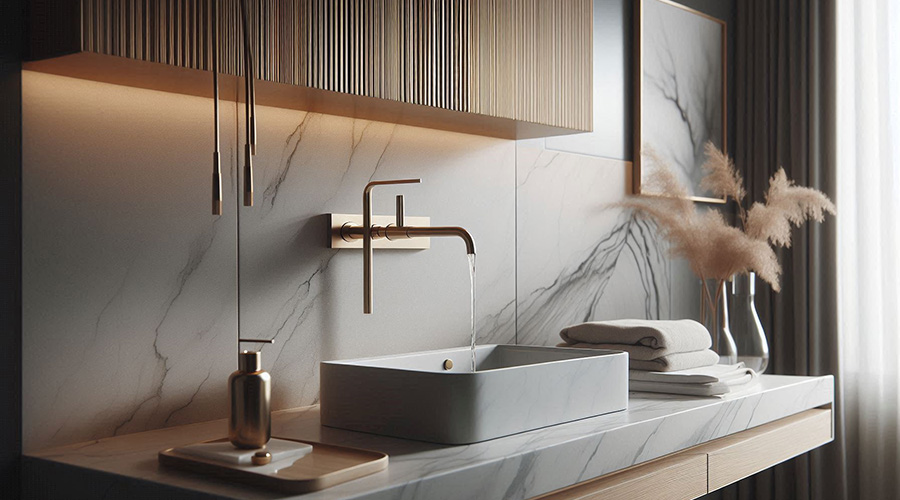 Modern bathroom with white marble countertop, gold faucet, and wooden cabinetry.