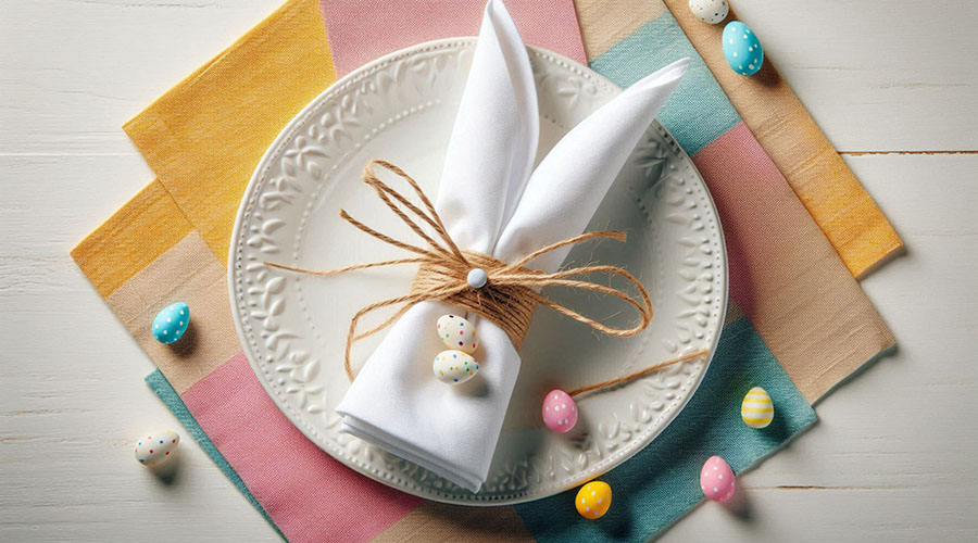 a folded bunny napkin on a colorful linen