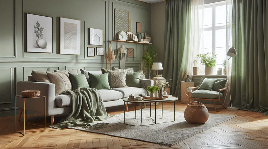 a living room with sage green wall and curtain