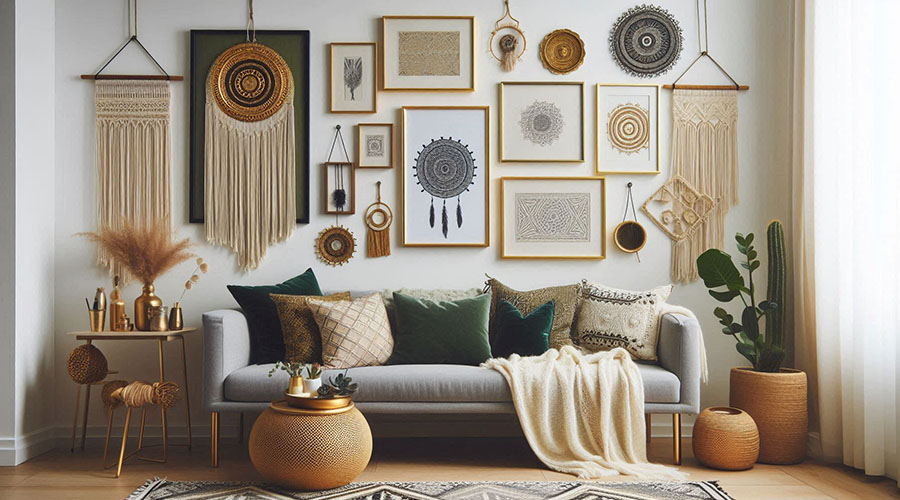 Bohemian home decor featuring macrame wall hangings and eclectic art prints.