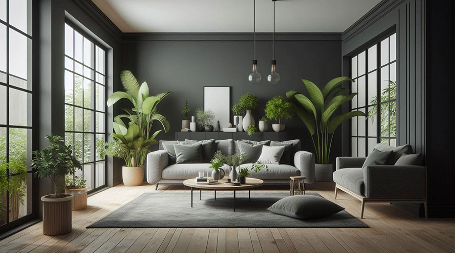 a living room in dark gray color with plants