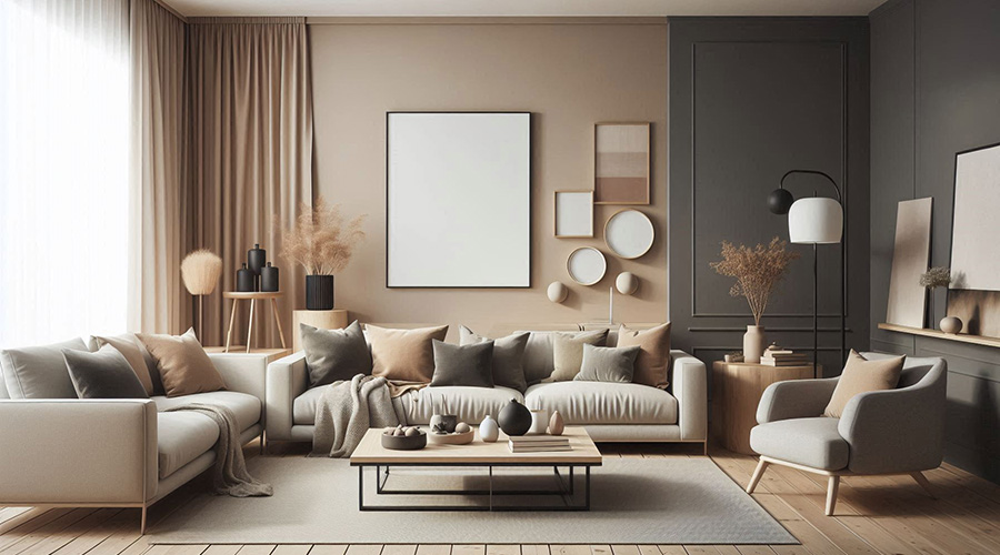 a living room in greige and neutral colors