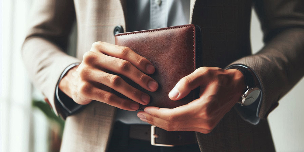 Man holding a brown leather wallet