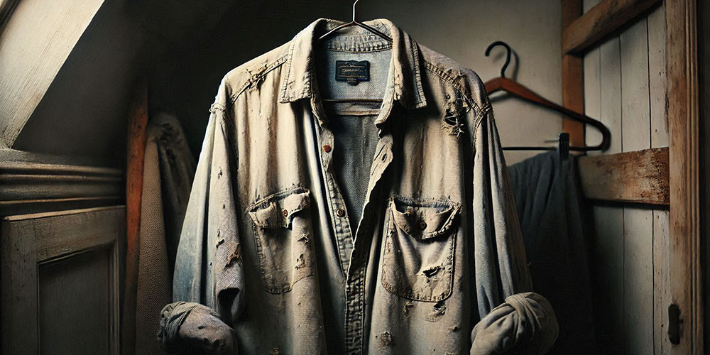 Vintage Worn-In Denim Shirt Hanging in a Rustic Closet