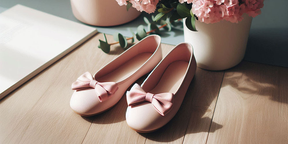 Pink ballet flats with bows on a wooden floor next to a vase of pink flowers.