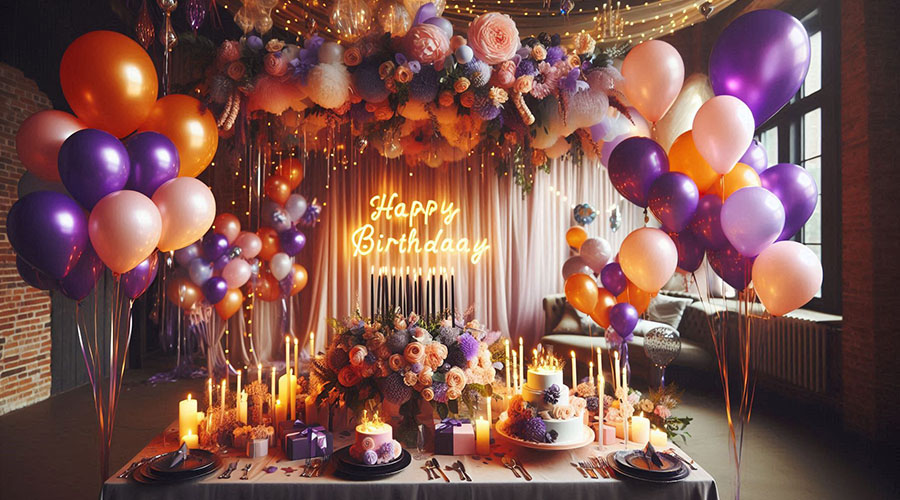 Colorful birthday party decoration with balloons and candles