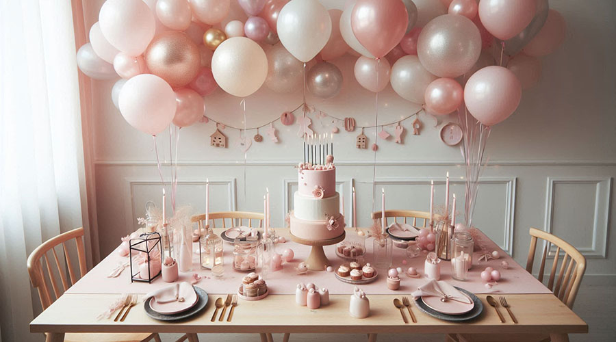 birthday party setup featuring balloons in various shades of pink