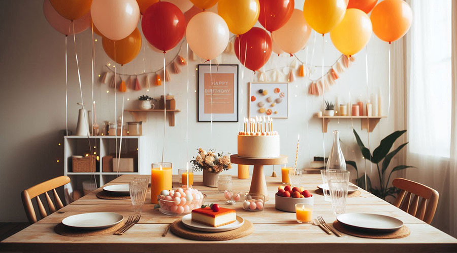 birthday party setup featuring balloons in red, orange, and yellow