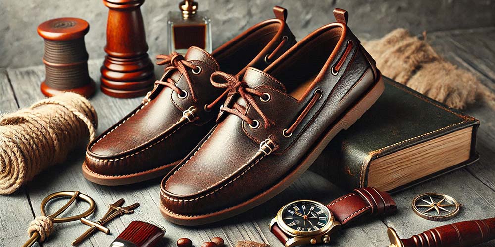 Brown leather boat shoes with laces, resting on a wooden surface with other accessories.