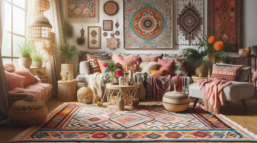 Moroccan-inspired bohemian living room with vibrant patterns and textures.