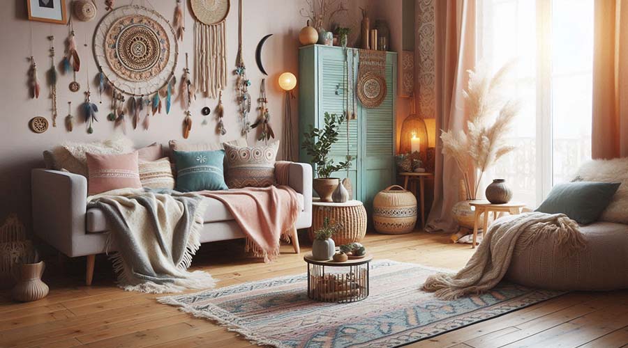 Bohemian living room with muted colors and textured textiles.