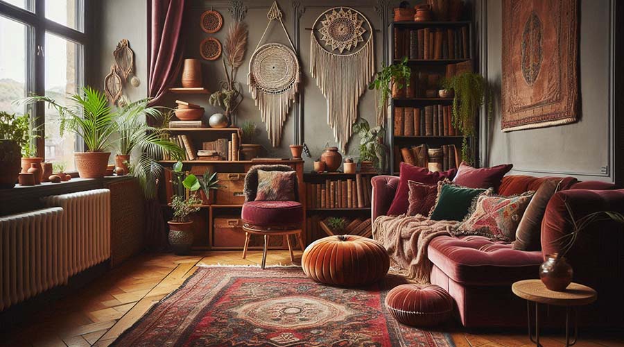 Bohemian living room with rich colors and textures.