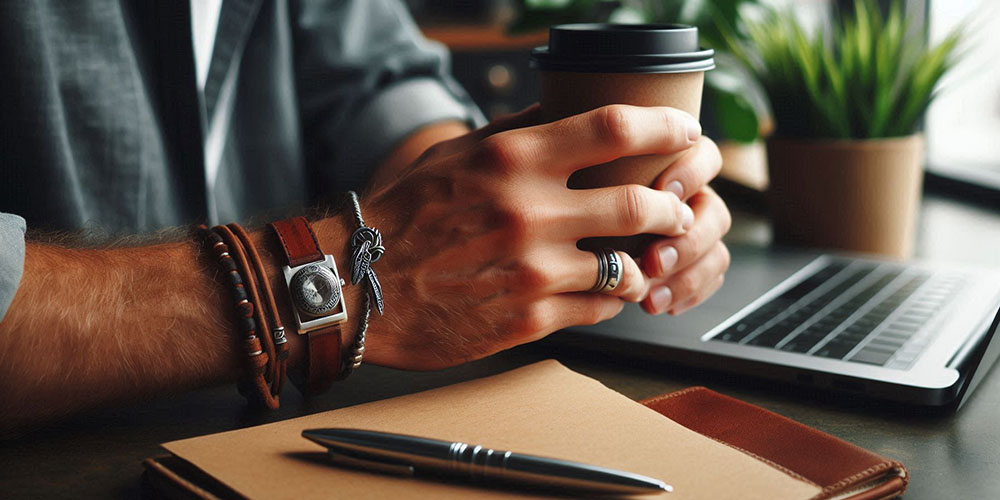 Man wearing bracelets and rings, holding a coffee cup, with a laptop and notebook in the background.