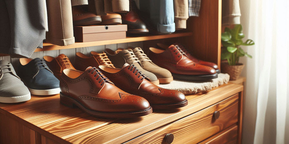 Brown leather brogue shoes on a wooden shelf