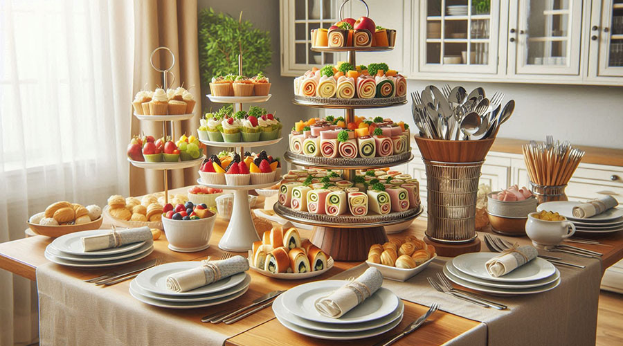 Family gathering buffet table with appetizers and desserts