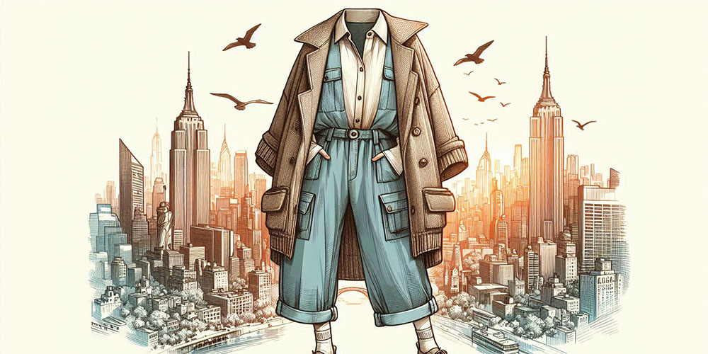 Oversized brown coat and blue Capri pants, New York City skyline background