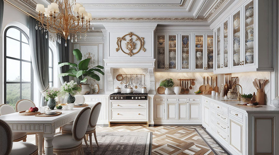 A high-end kitchen featuring opulent details, luxurious materials, and a touch of natural beauty