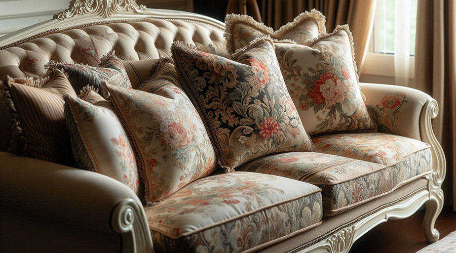 Floral patterned pillows on a traditional sofa