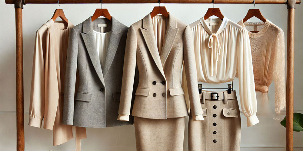 Professional women's clothing with a perfect fit, including a blazer, blouse, and skirt.