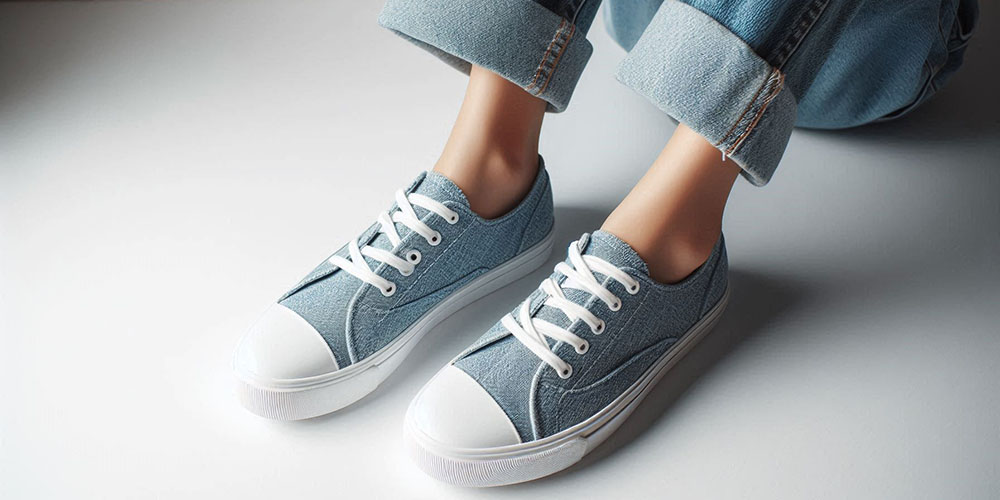 Pair of denim sneakers with white soles