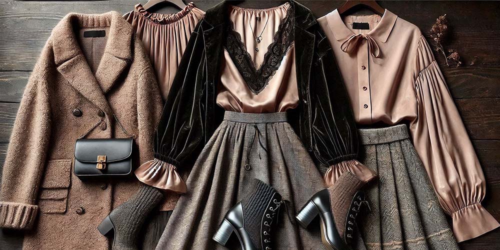 Brown coat, black velvet top, plaid skirt, and boots on a wooden background.