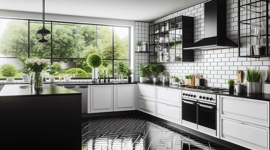 Modern black and white kitchen with stainless steel appliances, open shelving, and a large window overlooking a garden.