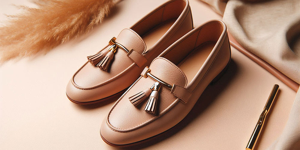 Beige leather tassel loafers with gold accents, next to a gold pen and dried flowers.