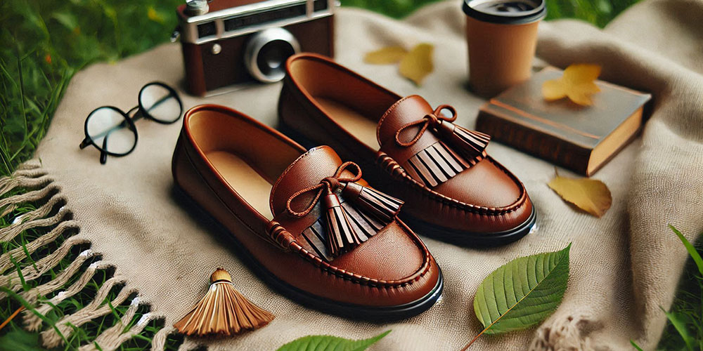 Brown leather tassel loafers on a blanket