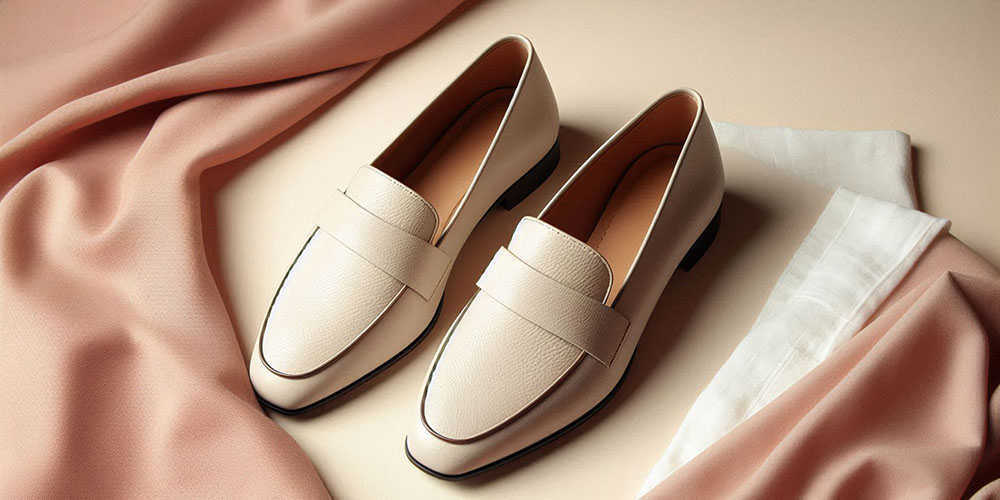 White leather loafers with a square toe, resting on a pink and white fabric background